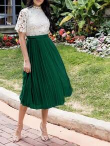 tooluck Women's Solid Elegant Ribbed Knit Pleated Office Wedding Beach Skirt - 軍綠色 - 查看 5