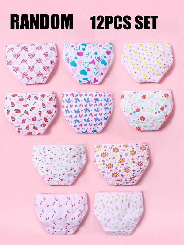 12pcs/Set Korean Young Girl Cute Floral & Carrot Print Comfortable Briefs And Shorts For Toddlers