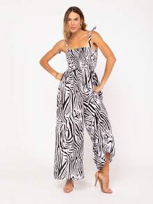 Boho All-Over Print Jumpsuit With Ruched Knot - 白色 - 查看 2