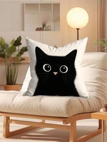 4pcs/ 1 Pc Halloween Cute, Simple, Shy Little Black Cat Short Plush Printed Pillowcase, Suitable For Living Room, Bedroom, Sofa, And Can Be Used For Home Decoration, Halloween Decoration, And Room Arrangement. - Black and White - View 5