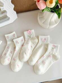 5 Pairs Random White Pink Bow Tie Polka Dot Floral Flowers Girls Socks, Back To School Supplies Children Running Sports Holiday Dresser Travel Essentials, Soft Breathable Toddler Kids Socks For Daily Wear & Gifts, Ideal For Christmas Halloween Decorations