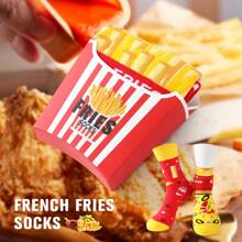 1 Pair Novelty French Fry Box Design Crew Socks, 2025 Autumn/Winter New Unisex Long Socks, Creative Food Inspired Design, Soft & Comfortable, Perfect Gift For Back To School, Birthday, Thanksgiving, Halloween, Christmas, Carnival, Valentine's Day, Family Gathering, Party, Fashionable & Casual Everyday Wear, Fall