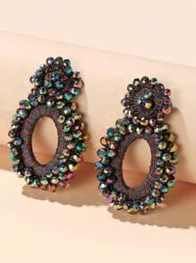 Beaded Round Drop Earrings - Blue - View 5