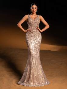 Faeriesty Haute Glamour Luxury Sleeveless Mermaid Sparkly Evening Gown With Deep V-Neck – Dense Shimmering Sequin & Bead Embroidery, Flowing Fish-Tail Skirt For Red-Carpet Luxury Weddings, Brand Galas & Formal Dinners For Women New Year