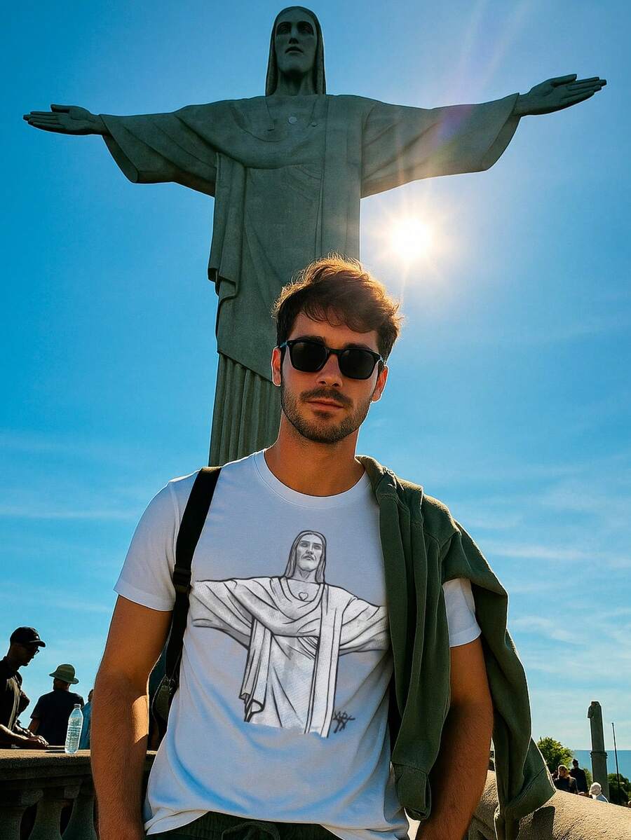 Camiseta Cristo Redentor Rio de Janeiro – Estampa Frente e Costas – Algodão Unissex Casual - Branco - Visão 1