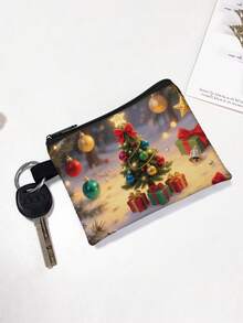 1 pieza Monedero compacto con cremallera, bolsa con cremallera de poliéster de moda y duradera con estampado gráfico con temática navideña, ideal para guardar monedas y pequeños artículos esenciales, regalo divertido con cierre , material duradero, fácil de mantener