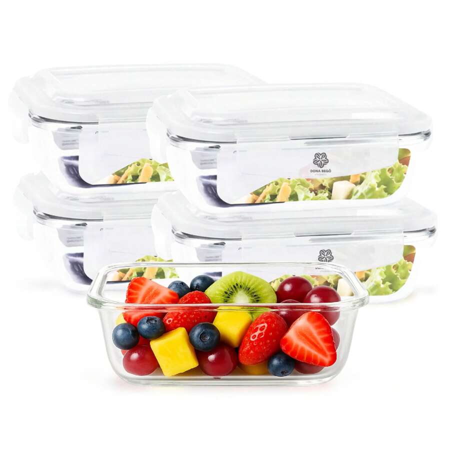 Set Of 5 640ml Glass Airtight Jars With 4 Locks Fitness Lunch Box - Multicolor - View 1