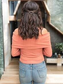 Blusa Casual Rib Rayada con Cuello Descubierto y Manga Larga para Mujer #167 - Rosa palo - Ver 3