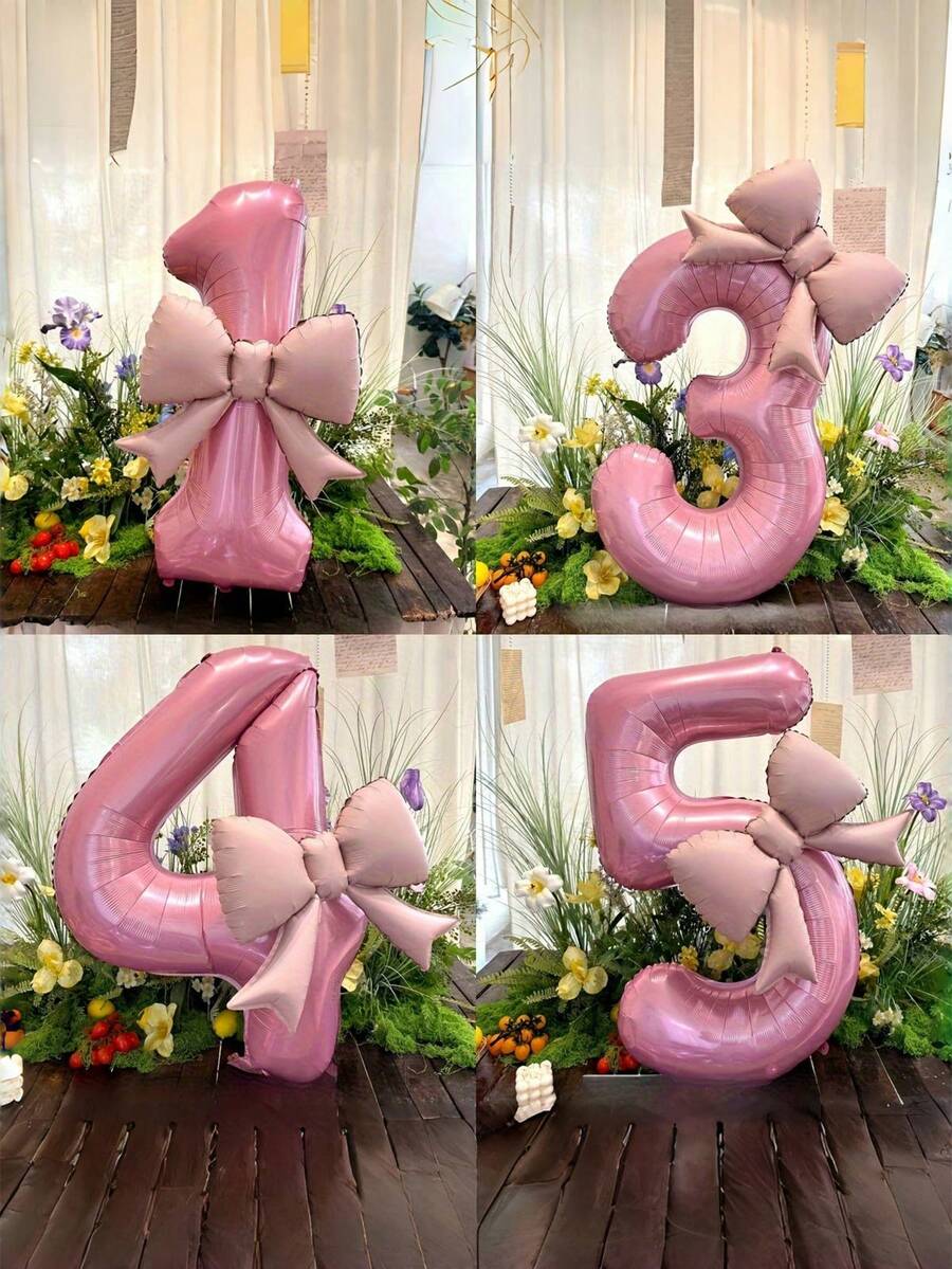 2个粉色铝箔气球，大号数字造型铝箔气球，适用于儿童生日派对装饰 | 哑光蝴蝶结装饰，适合生日派对、户外活动、周年纪念、节日、宴会庆典氛围营造和背景装饰气球 - 彩色 - 查看 1