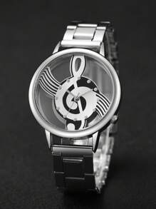 2pcs/Set Women's Hollow Music Note Dial Quartz Watch With Steel Band + Heart Shaped Bracelet, Watch Box Not Included - Silver - View 8