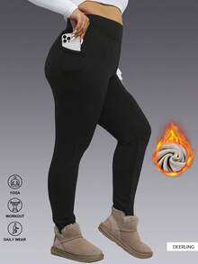 加大码女式羊毛紧身裤，带保暖底裤和口袋，七分裤，可折叠紧身裤，黑色紧身裤