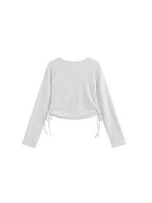 Korean Style Slim Fit Letter Print Drawstring Button Detail Long Sleeve T-Shirt, Autumn/Winter Casual Spring - Grey - View 4