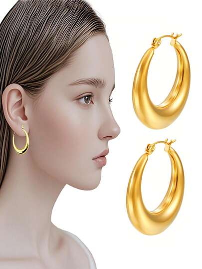 2Pcs Stainless Steel Gold-Plated Oval Moon Shaped Earrings For Women, Fashionable Internet Celebrity Ear Jewelry
