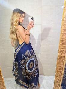 Elegant Dresses Two Scarf Bare Back Women Elegant White Dress  Pointed Dress - Màu xanh với vàng - Xem 2