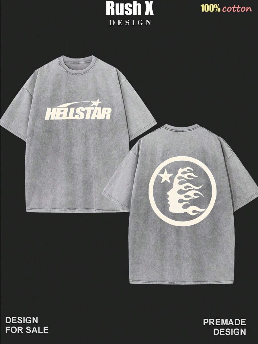 Men's Pattern Washed T-Shirt - Double Sided Printing, 100% Cotton, Short Sleeved, Summer Casual T-Shirt, Black With White Star Design, Loose Fit, Machine Washable, Daily T-Shirt | Loose Fit Shirt | 100% Cotton T-Shirt, Cotton T-Shirt - Xám - Xem 1