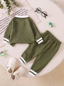 BrownBark 2pcs Baby Boys' Spring/Autumn Outfit, Solid Color Long Sleeve Collared Top + Pants Set, Regular Fit, Perfect For Outdoor, Baby Boy Autumn/Spring Clothing