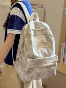 Mochila de gran capacidad con estampado de letras de unicolor y teñido anudado, mochila escolar - Beis - Ver 2