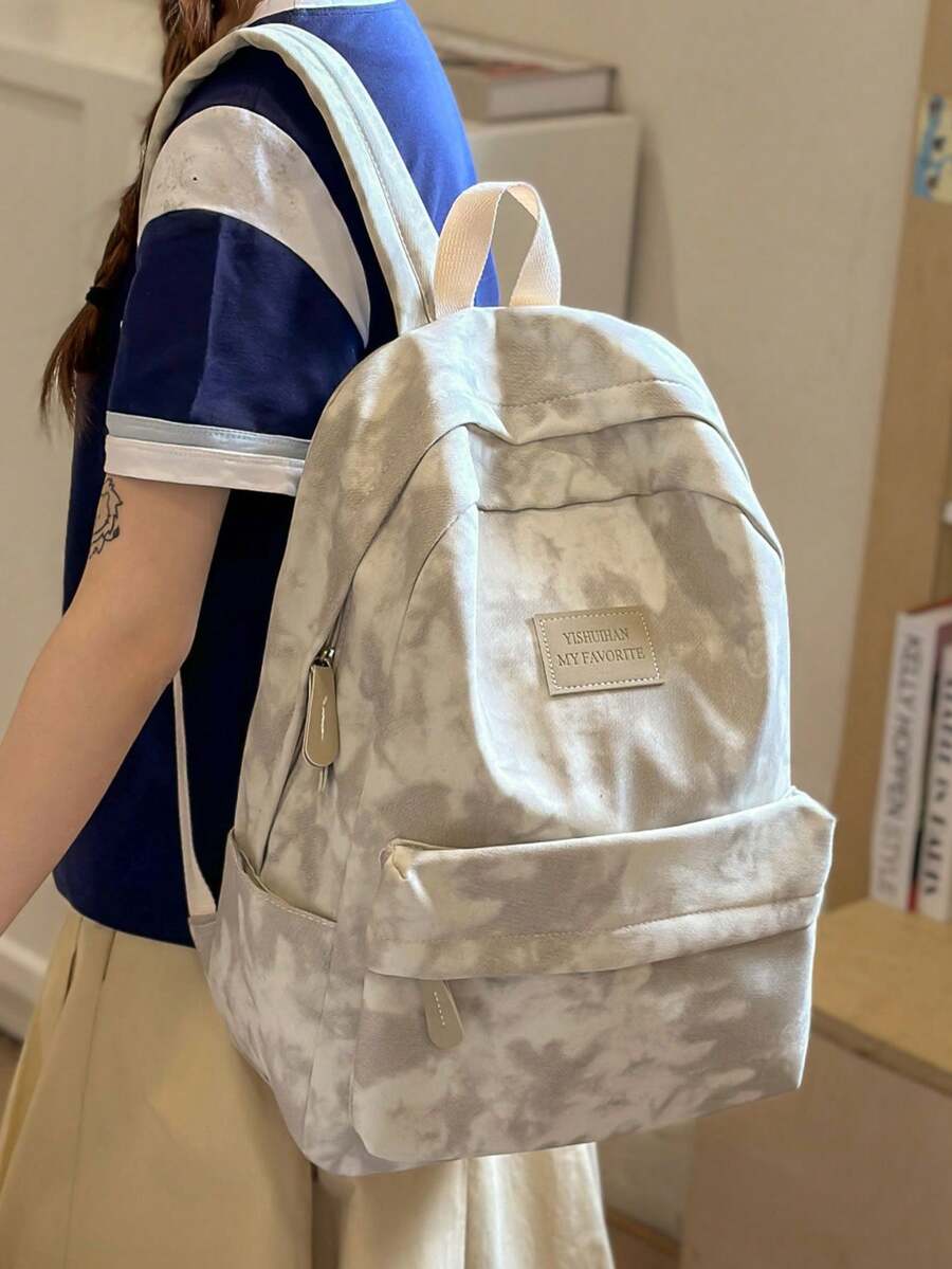 Mochila de gran capacidad con estampado de letras de unicolor y teñido anudado, mochila escolar