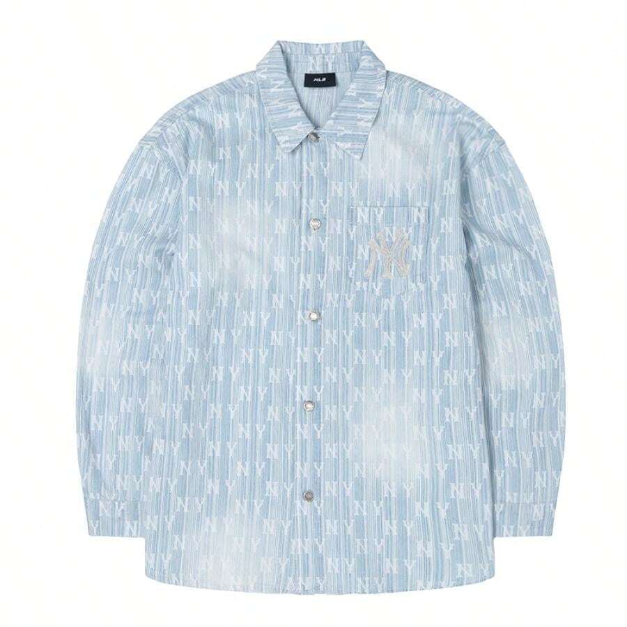 Classic Monogram Sprayed Denim Long Sleeve Shirt, Unisex Casual Commuting & Sports Wear - Light Blue - View 1