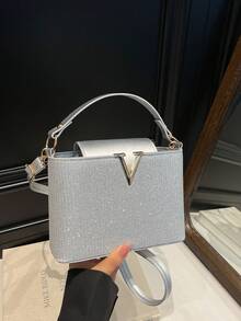 1 buc. Geantă de mână în formă de V cu paiete, stil matur, magnetic, pentru seară, curea de umăr lungă și confortabilă, PU, geantă crossbody, versatilă, casual, foarte atractivă, potrivită pentru ieșiri în oraș, în aer liber, utilizare zilnică, potrivită ca și cadou pentru familie și prieteni, genți pentru doamne la modă