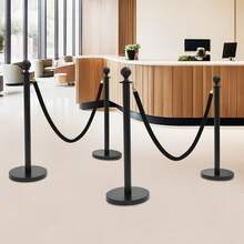 Stainless Steel Stanchion Post, 4.92FT Black Carpet Ropes, Stanchion Post With Ball Top, Hollow Base And Velvet Ropes Safety Barriers Set For Party-4 Posts + 2 Rope