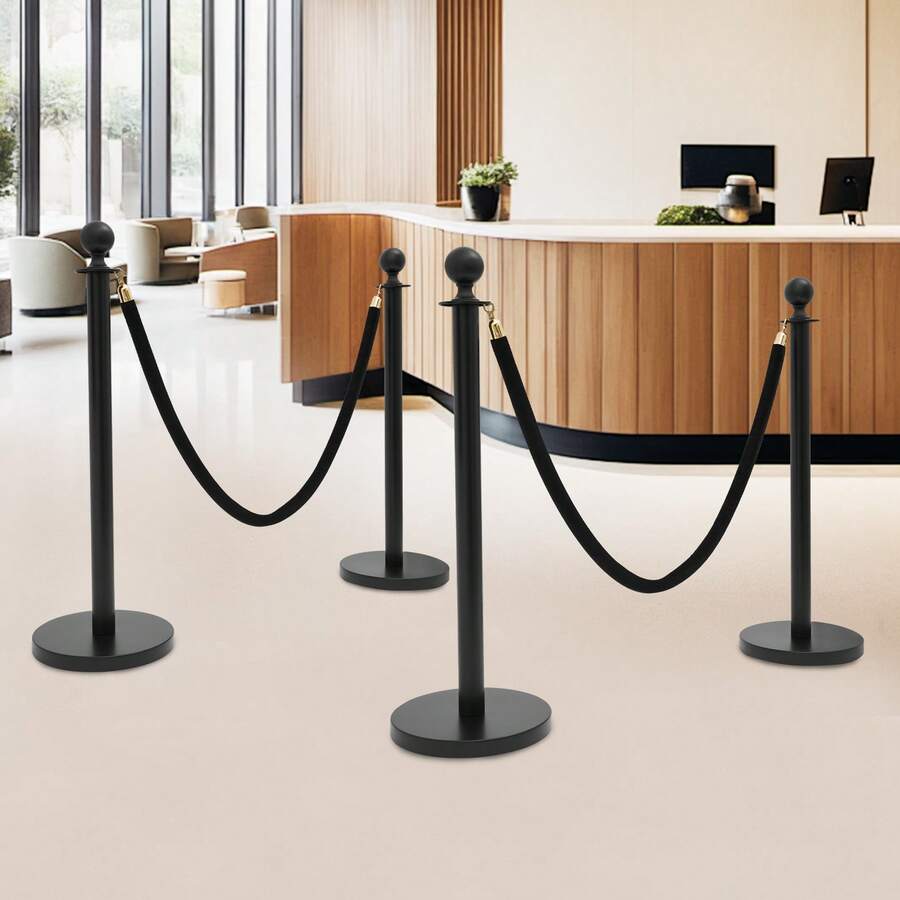 Stainless Steel Stanchion Post, 4.92FT Black Carpet Ropes, Stanchion Post With Ball Top, Hollow Base And Velvet Ropes Safety Barriers Set For Party-4 Posts + 2 Rope