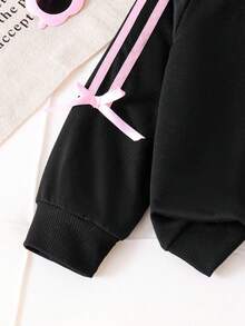 少女休闲运动风数字字母印花撞色条纹侧边圆领卫衣和阔腿裤套装，春秋季 - 黑色 - 查看 4