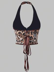 Y2K豹纹亮片露背短款吊带背心，性感V领系带镂空胸衣，适合夜店、万圣节、锐舞派对等夏季场合。 - 豹紋 - 查看 5