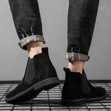 Black Suede Classic Chelsea Boots For Men, Minimalist & Fashionable, Comfortable Non-Slip, Slip-On Design, Retro British Style Pointed Toe Leather Boots, Essential For Autumn