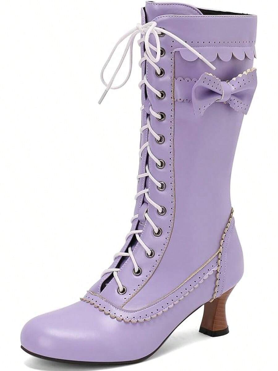 LUXMAX Women Gothic Victorian Boots Low Kitten Heel Mid Calf Boots Lace Up Cute Bow Boots For Ladies Witch ShoesChristmas - Z-紫色 - 查看 1