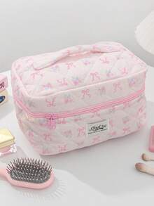 1 Pieza Bolsa de maquillaje con lazo, bolsa de almacenamiento de maquillaje de gran capacidad con asa, estilo acolchado simple, bolsa de maquillaje multifuncional, bolsa de viaje de tocador, bolsa de tocador estética de viaje, bolsa de almacenamiento de herramientas de belleza, bolsa de cosméticos para regalos, regalos para mujeres, bolsa de viaje, artículos esenciales de viaje, bolsa de mamá e hija