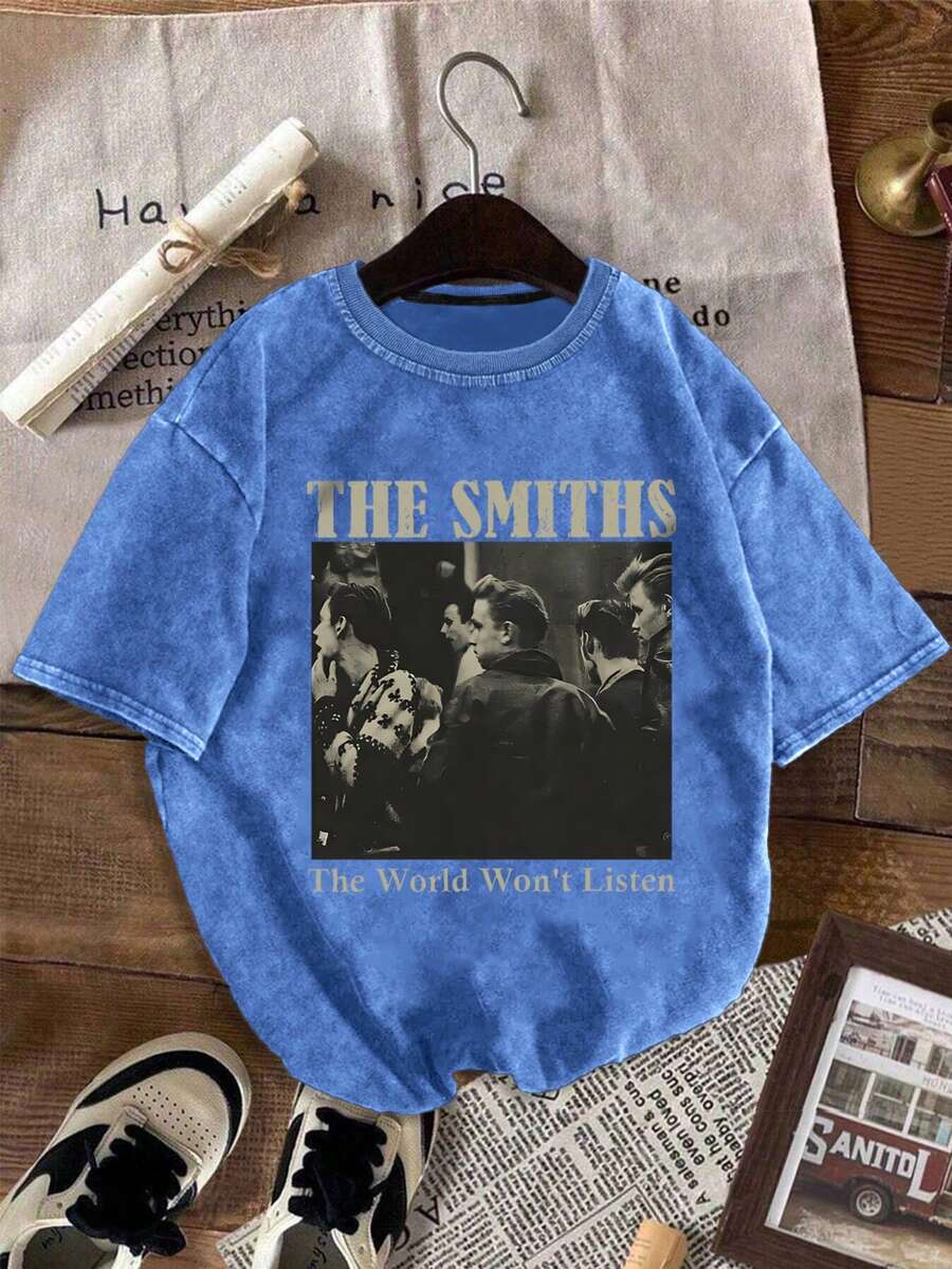 YUNCHIC - Áo thun nam kiểu vintage giặt mài, thiết kế đồ họa sáng tạo, dáng rộng thoải mái, nhẹ và thoáng khí, phù hợp cho các hoạt động ngoài trời mùa hè và mặc hàng ngày. - Màu xanh lam - Xem 1