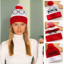 1pc Autumn/Winter Simple Color Block Knit Beanie Hat, Unisex Casual Versatile Christmas Knit Hat With Decorative Glasses