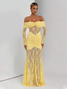 女士优雅浪漫蕾丝拼接露肩长袖美人鱼长裙