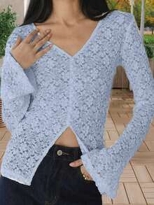 Women's Lace Tops Fashionable Solid Color V Neck Blouse Flared Long Sleeve Slim Fit Button Up Shirt - Màu xanh lam - Xem 2