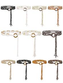 Plus Size Woven Belt, Women's Bohemian Style Woven Belt, Vintage Wax Rope Handmade Wooden Ring Hollow Woven Belt, Black, Camel, Khaki Woven Belt, Suitable For Outdoor Dresses - Multicolor - View 6