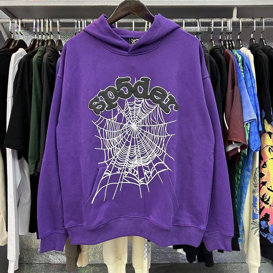 Sweatshirt Spider Web Print Hooded Pullover Sweatshirt Casual Loose New Style - Áo hoodie màu tím đậm - Xem 1