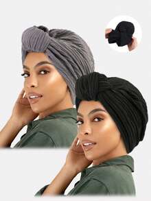 2pcs Women's Knotted Headband, Turban, Pleated Hat Headscarf, Suitable For Spring, Autumn And Winter - Multicolor - View 14