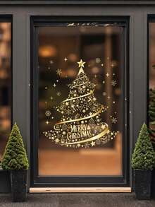 Naklejki na okna w kształcie złotej choinki, duże, statyczne naklejki ścienne DIY na okno i drzwi (1 opakowanie) Dekoracje świąteczne Naklejki na ścianę z dekoracjami świątecznymi Dekoracje do pokoju Dekoracje ścienne Dekoracje świąteczne Dekoracje do domu