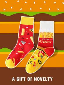 1 Pair Novelty French Fry Box Design Crew Socks, 2025 Autumn/Winter New Unisex Long Socks, Creative Food Inspired Design, Soft & Comfortable, Perfect Gift For Back To School, Birthday, Thanksgiving, Halloween, Christmas, Carnival, Valentine's Day, Family Gathering, Party, Fashionable & Casual Everyday Wear, Fall
