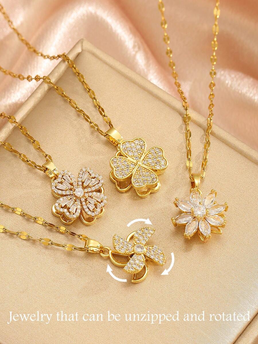 1 Stück luxuriöse Kupfer & kubische Zirkonia Pflaumenblüten-förmige & Glücksklee-Herzen & Blumen & Windmühlen drehbare Edelstahl Halskette, geeignet für Frauen und Mädchen für den täglichen Gebrauch / Jahrestags-Geschenke für Freundin oder Geliebte
