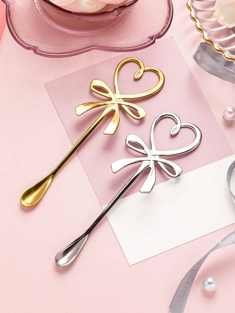 1 Piece/3 Pieces/6 Pieces Coffee Spoon, Long Handle Dessert Spoon, Heart Butterfly Coffee Spoon, Heart Bow Hanging Cup Spoon, Stainless Steel Coffee Stirring Spoon, Table Spoon, Stainless Steel Heart Bow Spoon, Stainless Steel Honey Spoon, Baking Spoon, Ice Cream Spoon, Heart-Shaped Design Spoon, Cute Spoon, Tea Spoon,