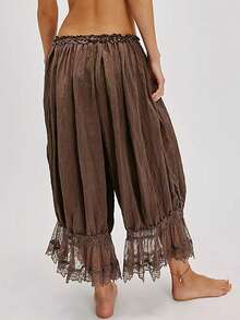 Women Lace Trim Long Bloomers Y2k Elastic Mid Rise Ruffle Victorian Pantaloons Cropped Flared Slips Pants Pumpkin Pants - Brown - View 3
