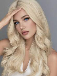 28 Inch Golden Center-Parted Big Wave Fiber High Temperature Synthetic Wig, Natural Smooth Style Versatile, Suitable For Daily, Cosplay, Party, Women Fashion Fluffy High Temperature Silk Wig - Gold - View 6