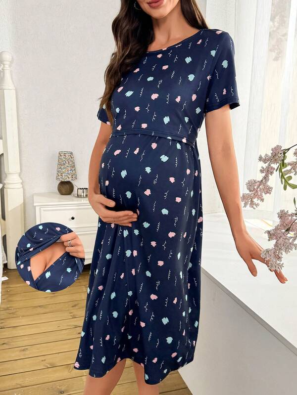 Umstandskleid im Lässig-Stil mit Allover-Muster und Gürtel, Kurzarm, Sommer