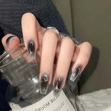 Medium Press On Nails Coffin Fake Nails Stars With Moon Design Black Gradient False Nails Acrylic Artificial Glue On Nails Full Cover Stick On Nails For Women Girls Manicure Decoration 24Pcs  Halloween - Hoa lấp lánh D - Xem 8