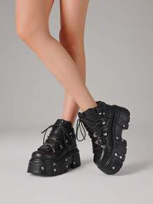 Women's Platform Sneakers With Lace-Up Round Toe Rock Punk Style Casual Shoes Y2K Gothic Yhick-Soled Ankle Boots - 黑色 - 查看 5
