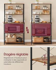 VASAGLE Étagère de Cuisine, Étagère pour Machine à Café, 6 Étagères, 6 Crochets, pour Four à Micro-ondes, Cadre en Acier, Style Industriel, 40 x 80 x 167 cm, Marron Rustique et Noir d'Encre - Tabac - Voir 6