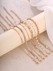 6pcs Metal Chain Bracelet Set For Women, Includes Faux Pearl, Snake Chain, Twisted Chain, Flat Round Disc Design Chunky Fashion Jewelry, Elegant Retro Style, Suitable For Holiday, Party, Gift, Daily Wear (Flat Beads & Faux Pearl Quantity Random)