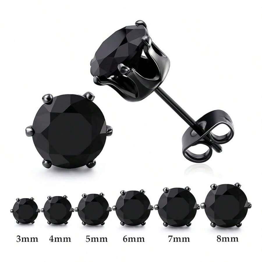 2pcs Black 6-Claw Stainless Steel Stud Earrings For Men, Classic Round Earring Design, Hypoallergenic, Unisex, Suitable For Party & Daily Wear, Versatile Jewelry, Minimalist Design, Glossy Finish, Accessory - Multicolor - View 1